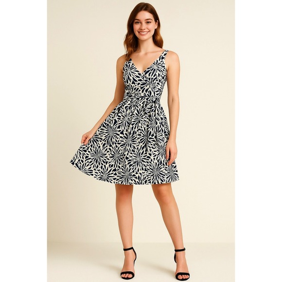 American Living Navy White Floral Fit & Flare Dress Belted Sleeveless Size 10‎ - Picture 1 of 10